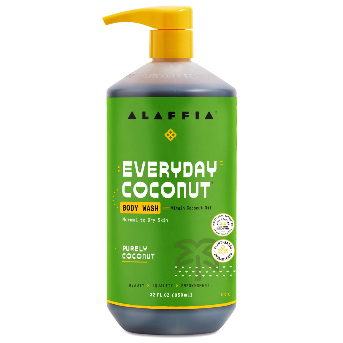 Alaffia Everyday Coconut body wash bottle shows daily cleansing and moisturization.