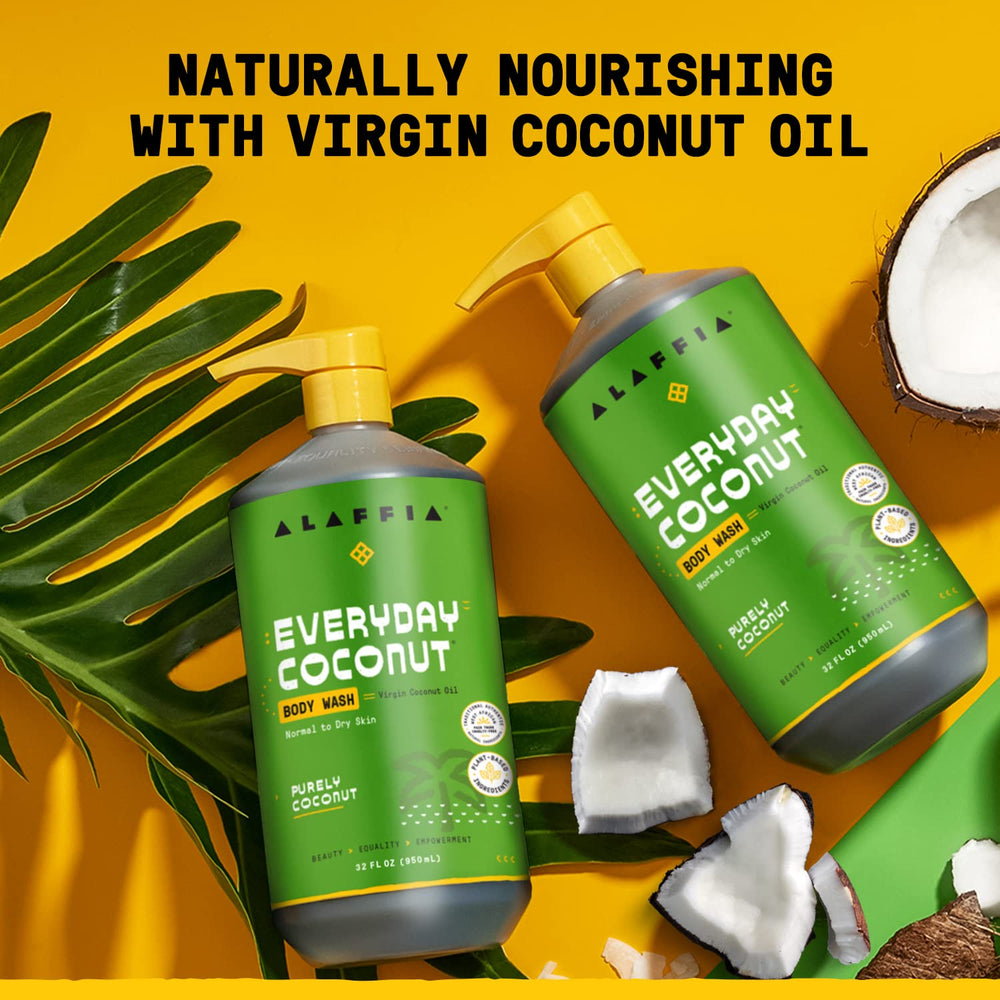 Alaffia Everyday Coconut body wash with vitamin E supports skin nourishment.