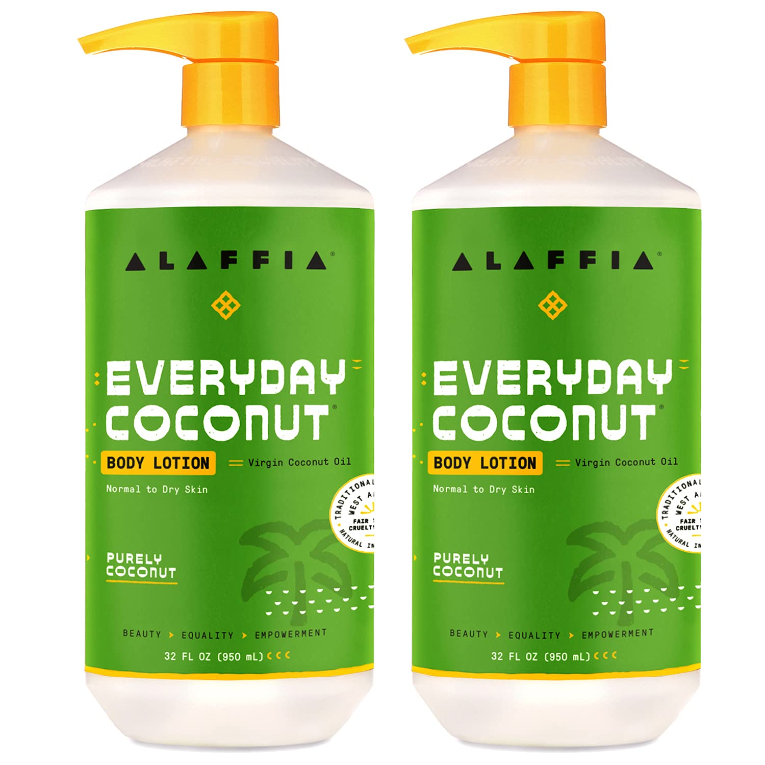 Alaffia Everyday Coconut Lotion bottle front shows the hydrating formula for daily moisture.