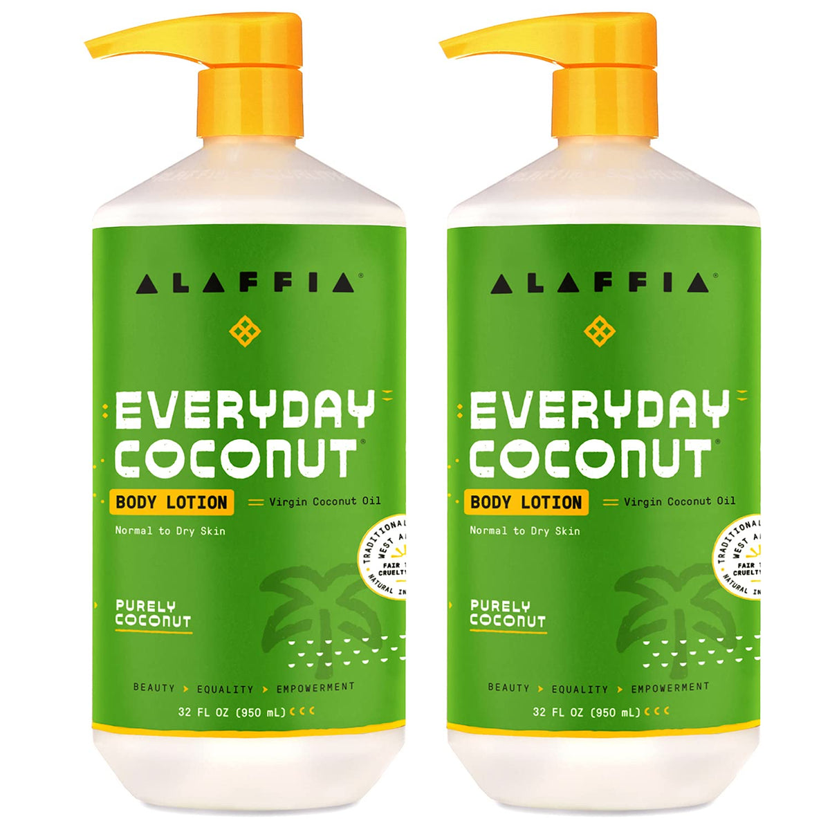 Alaffia Everyday Coconut Lotion bottle front shows the hydrating formula for daily moisture.