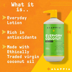 Alaffia Everyday Coconut Lotion label close-up highlights fair-trade coconut oil and coffee berry extract.