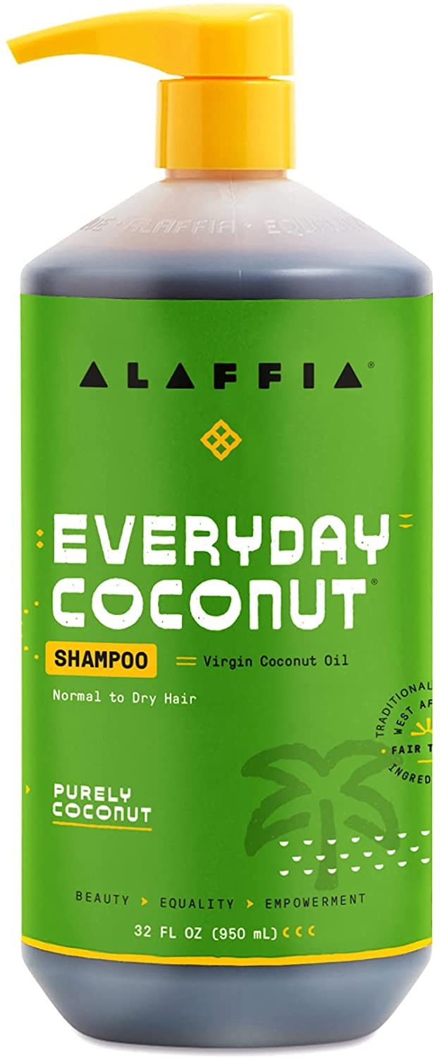 Alaffia Everyday Coconut Shampoo packaging box highlights sustainability and natural ingredients.