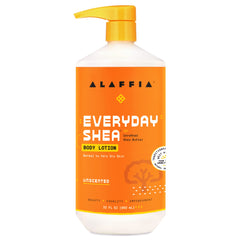 Alaffia EveryDay Shea Body Lotion 32oz bottle showing fragrance-free formula for sensitive skin.