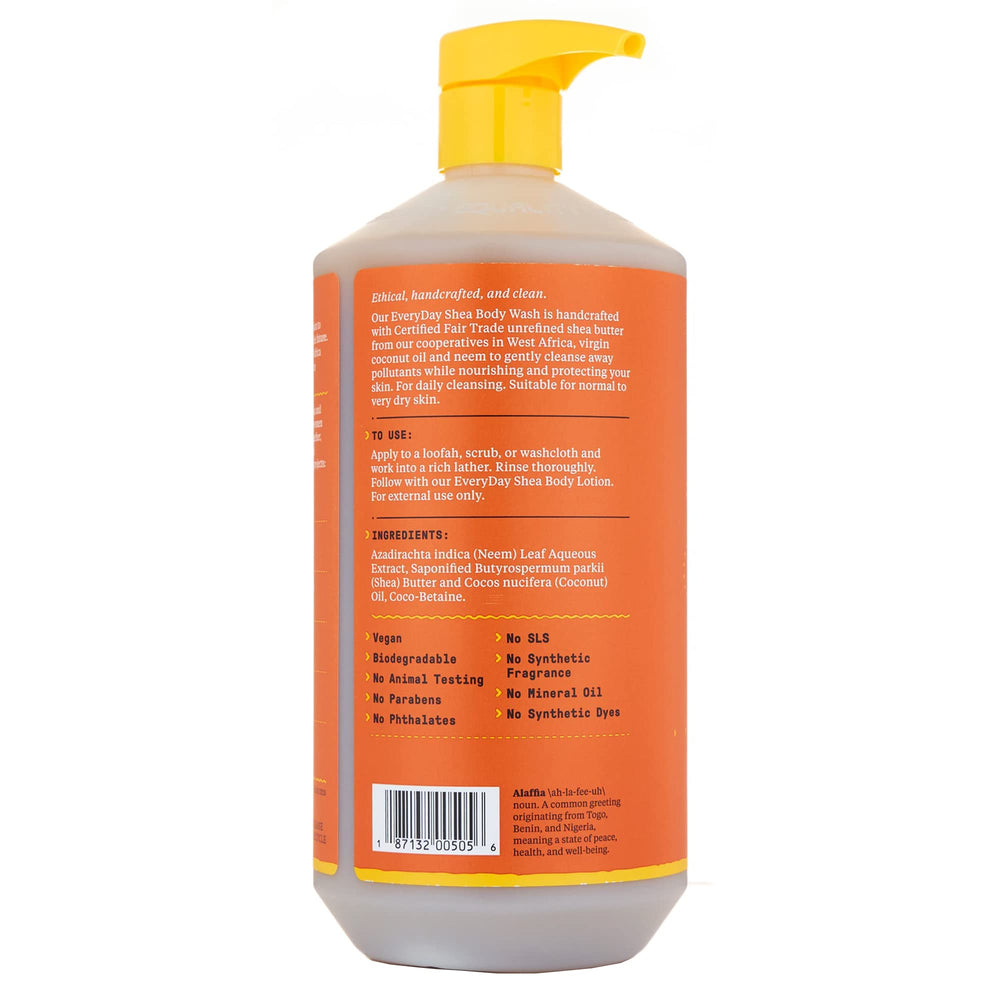 Alaffia Everyday Shea Body Wash 32oz bottle highlighting value for daily showers and family use.