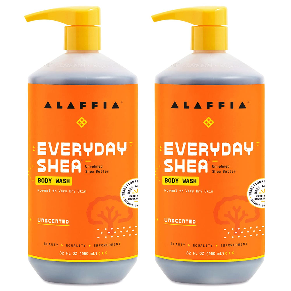 Alaffia Everyday Shea Body Wash bottle front shows unscented, gentle cleansing for dry skin.
