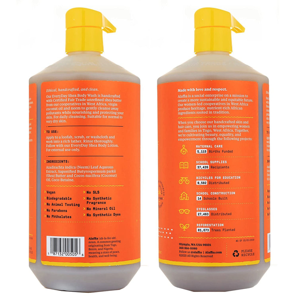 Alaffia Everyday Shea Body Wash neem extract graphic suggests nourishing daily cleanse.