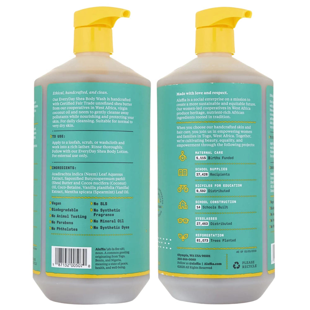 Alaffia Shea Body Wash with neem nourishes skin during daily rinse.