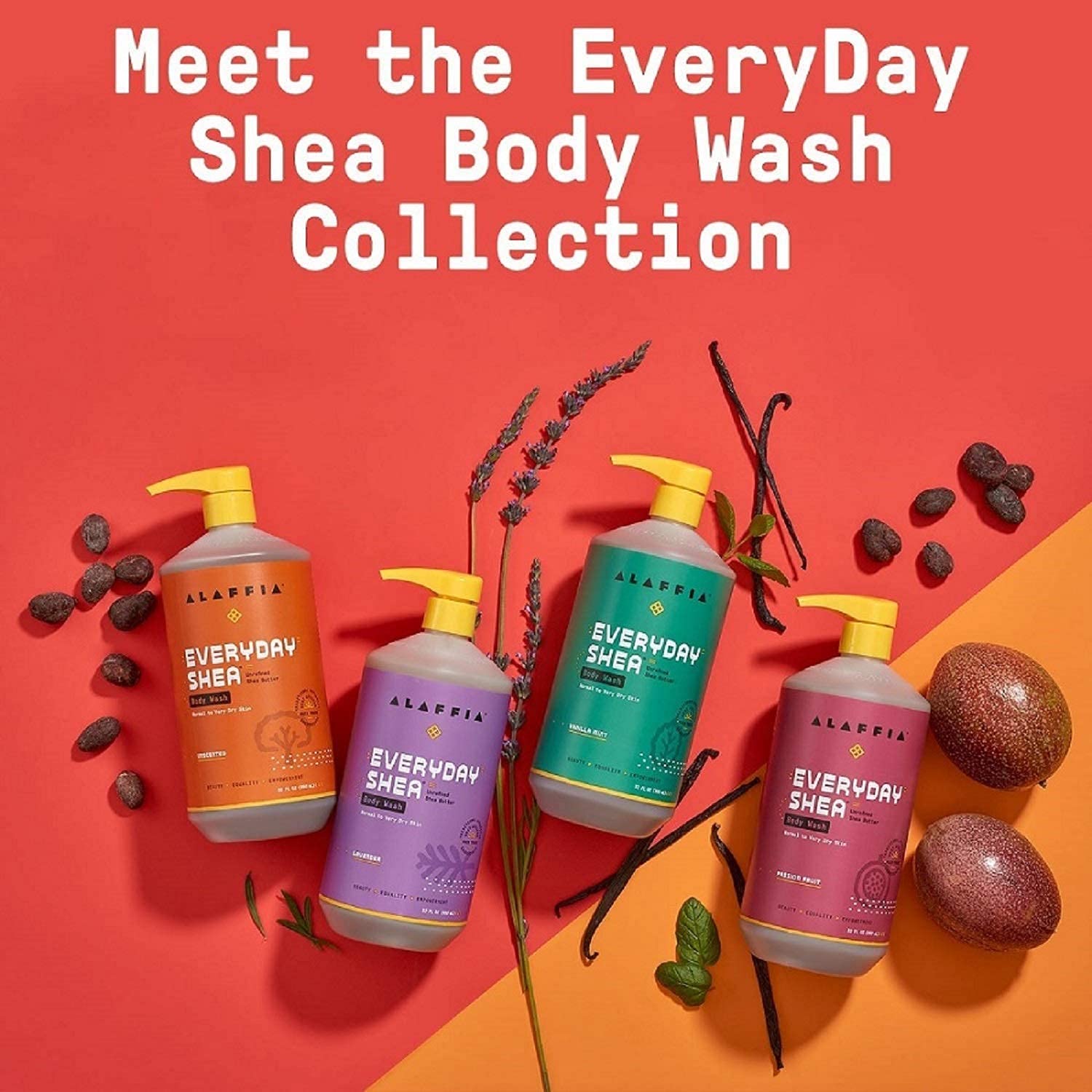 Eco-friendly packaging and fair-trade message on bottle.