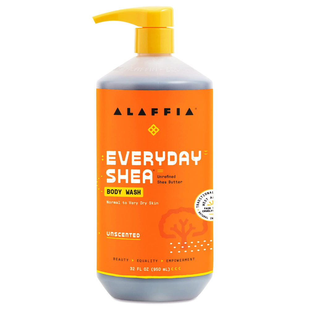 Alaffia Everyday Shea Body Wash unscented bottle for fragrance-free cleansing and nourished skin.