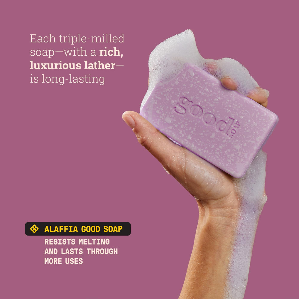 Alaffia Good Soap Lavender bars cruelty-free badge signals mindful cleansing.