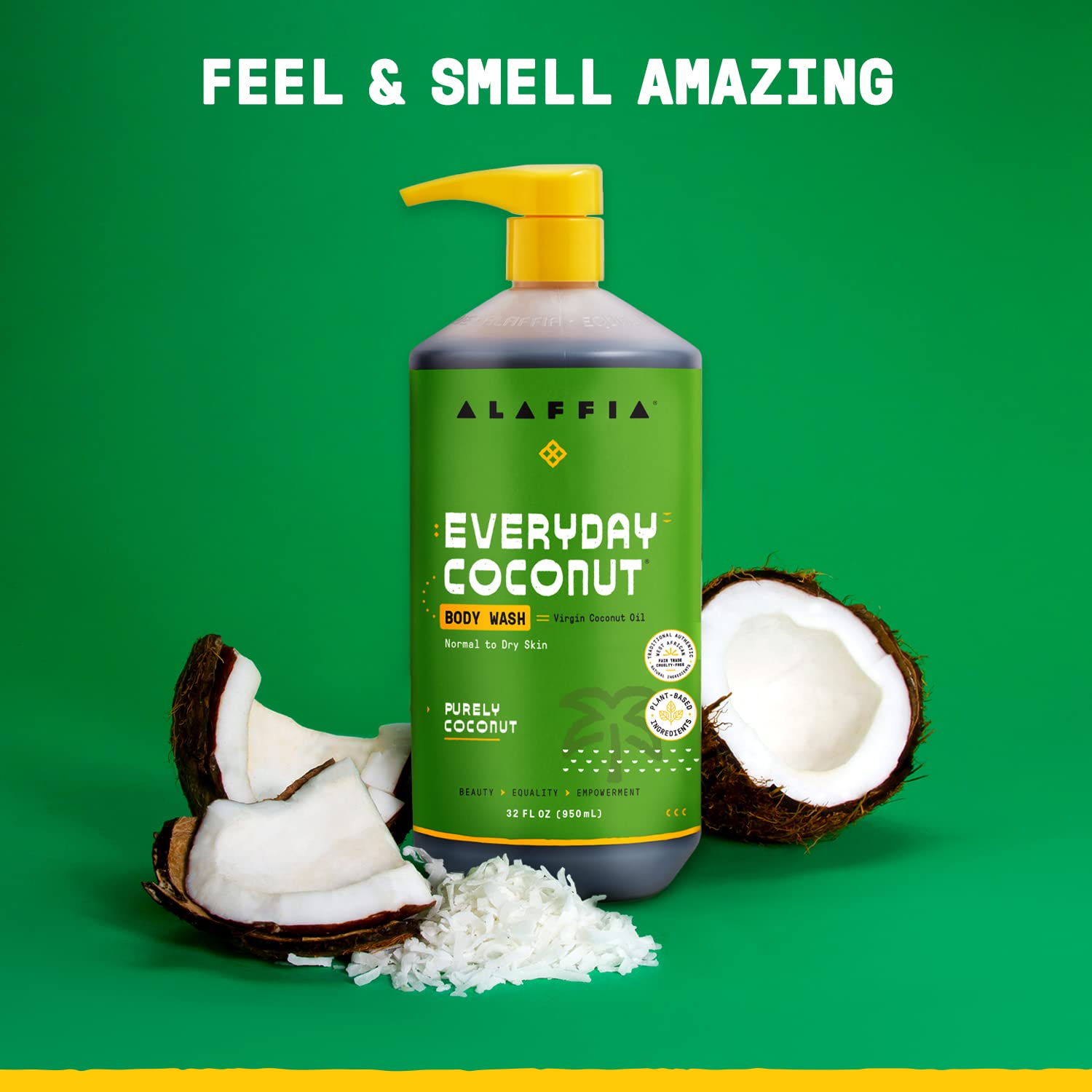 Alaffia Everyday Coconut packaging vegan cruelty-free badge.