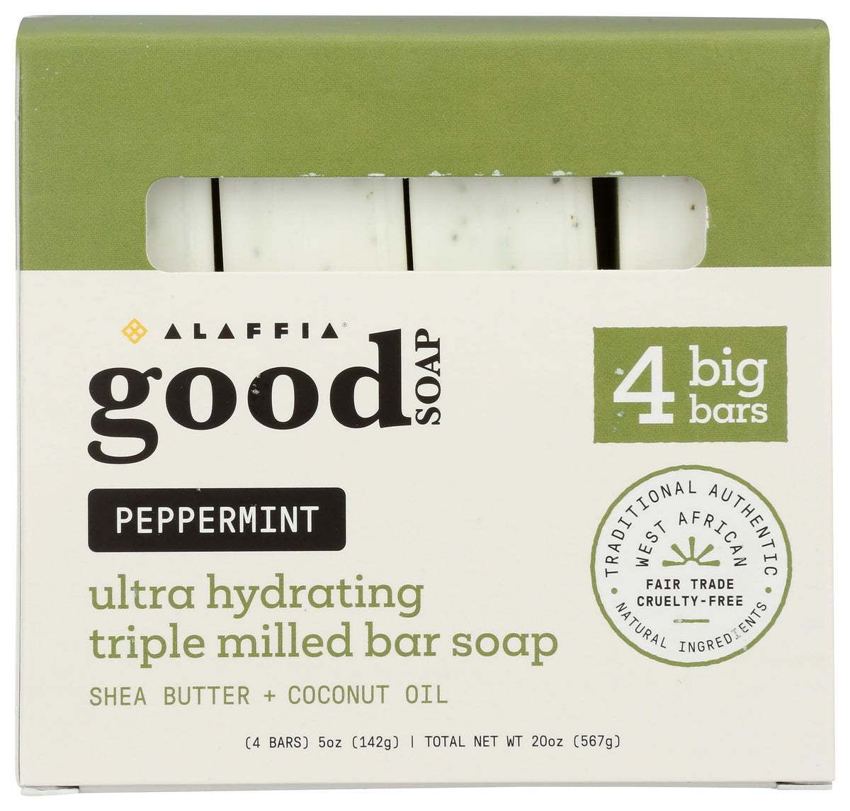 Alaffia Peppermint Good Soap pack front shows four bars in a value bundle for home use.