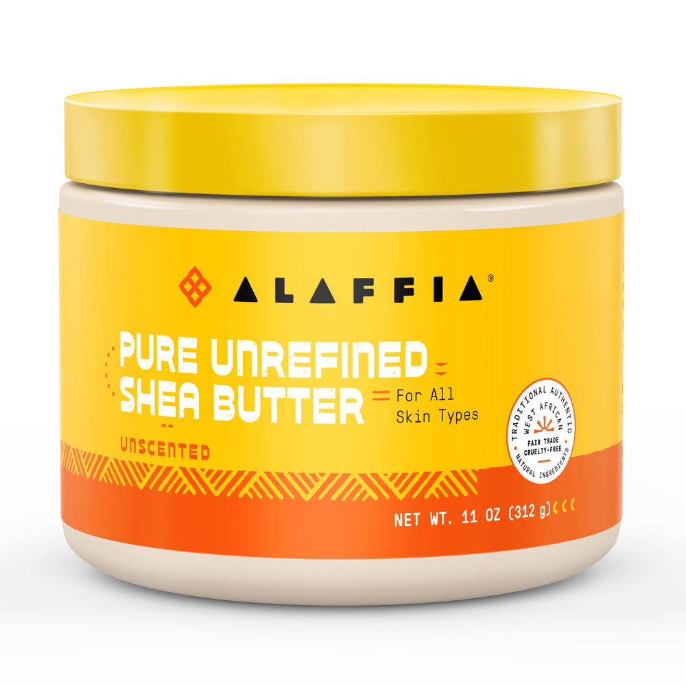 Alaffia pure unrefined shea butter jar showing rich texture for dry skin hydration