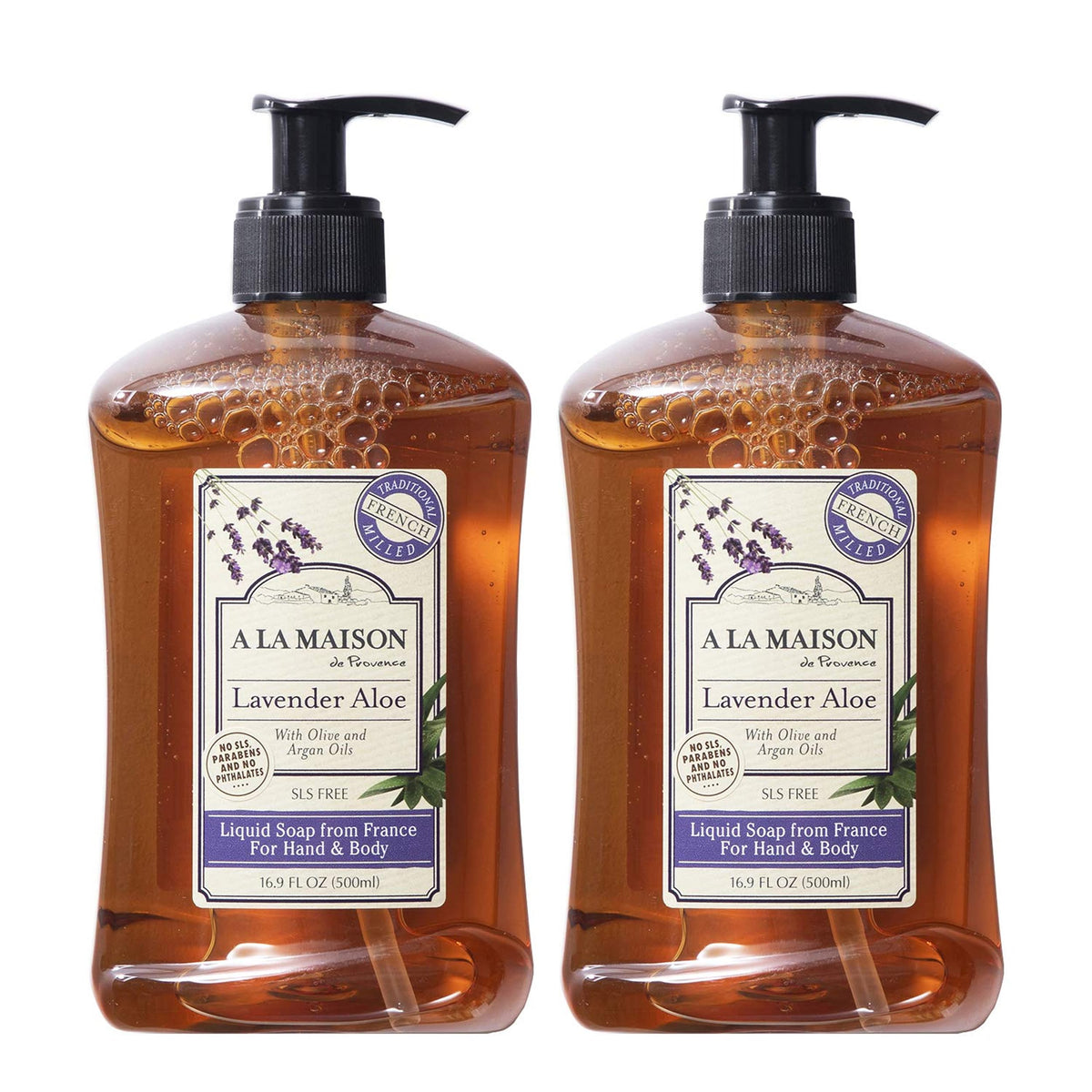 A La Maison Provence lavender aloe liquid soap bottle 2-pack for gentle cleansing at home.