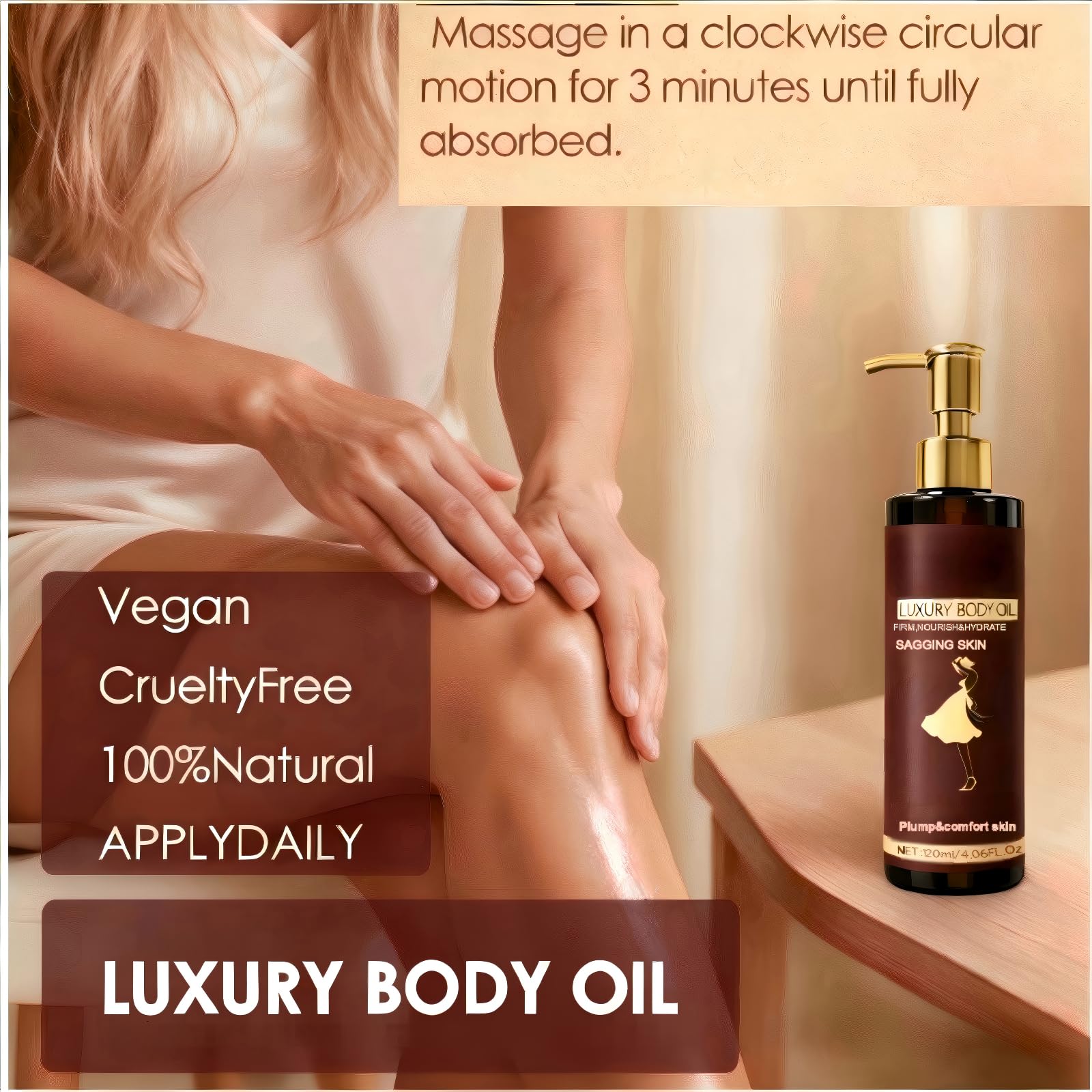 ALAOW Luxury Body Firming Oil in hands shows lightweight, non-greasy finish during application.