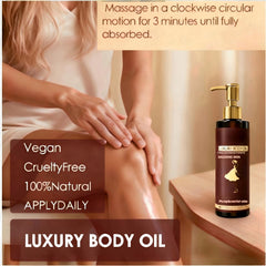 ALAOW Luxury Body Firming Oil in hands shows lightweight, non-greasy finish during application.