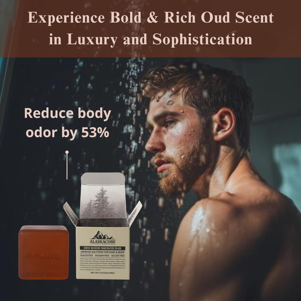 Alaskacube Deo Wood shower bar 3in1 shows convenience as body wash, shampoo, deodorant.