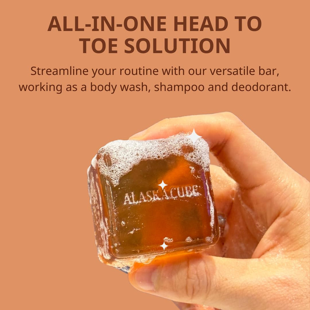 Alaskacube Deo Wood shower bar cleansing power while preserving skin moisture for comfortable showers.