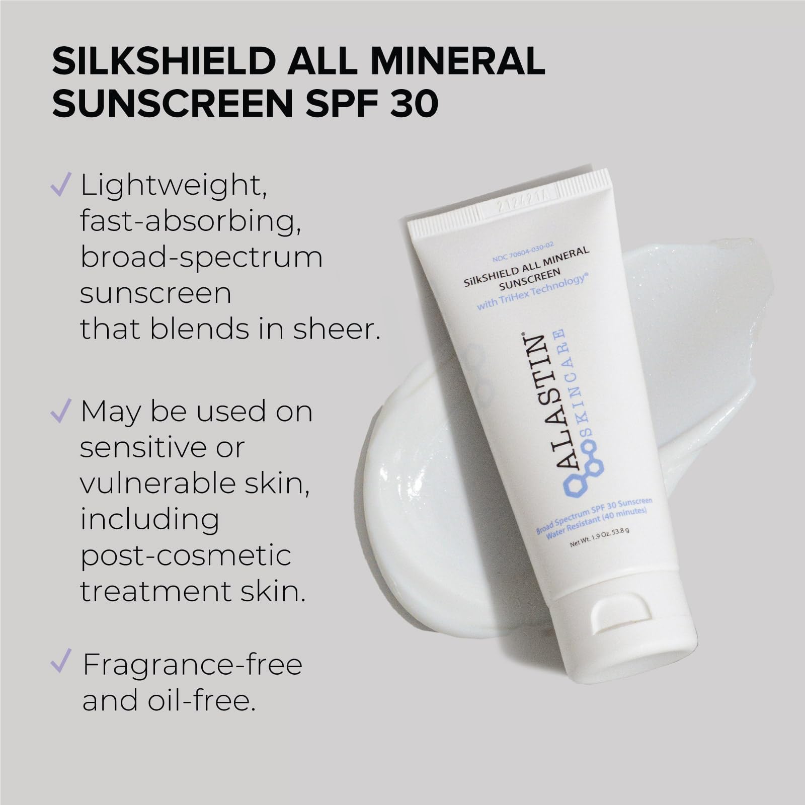 ALASTIN SilkSHIELD SPF30 face packaging, fragrance-free and oil-free protection for sensitive skin.