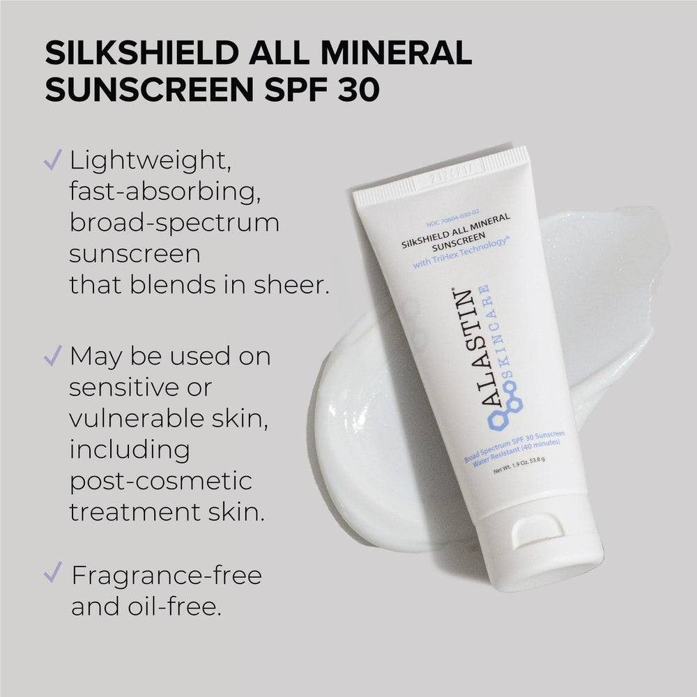 ALASTIN SilkSHIELD SPF30 face packaging, fragrance-free and oil-free protection for sensitive skin.