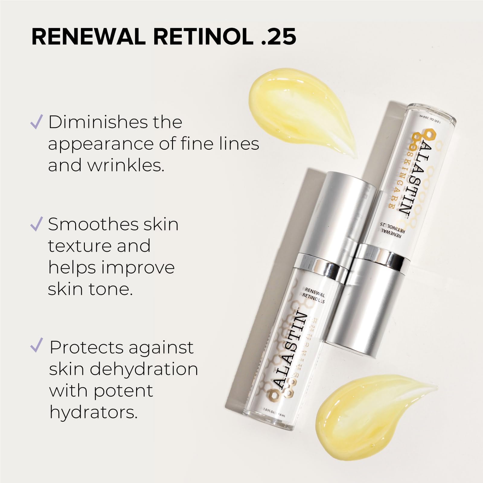 ALASTIN Skin Renewal Retinol Serum dropper delivers 0.25% retinol to skin