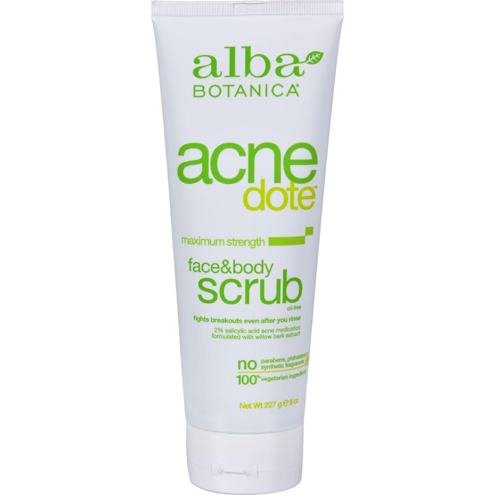 Alba Botanica Acnedote Face & Body Scrub jar shows gentle exfoliation for clear skin