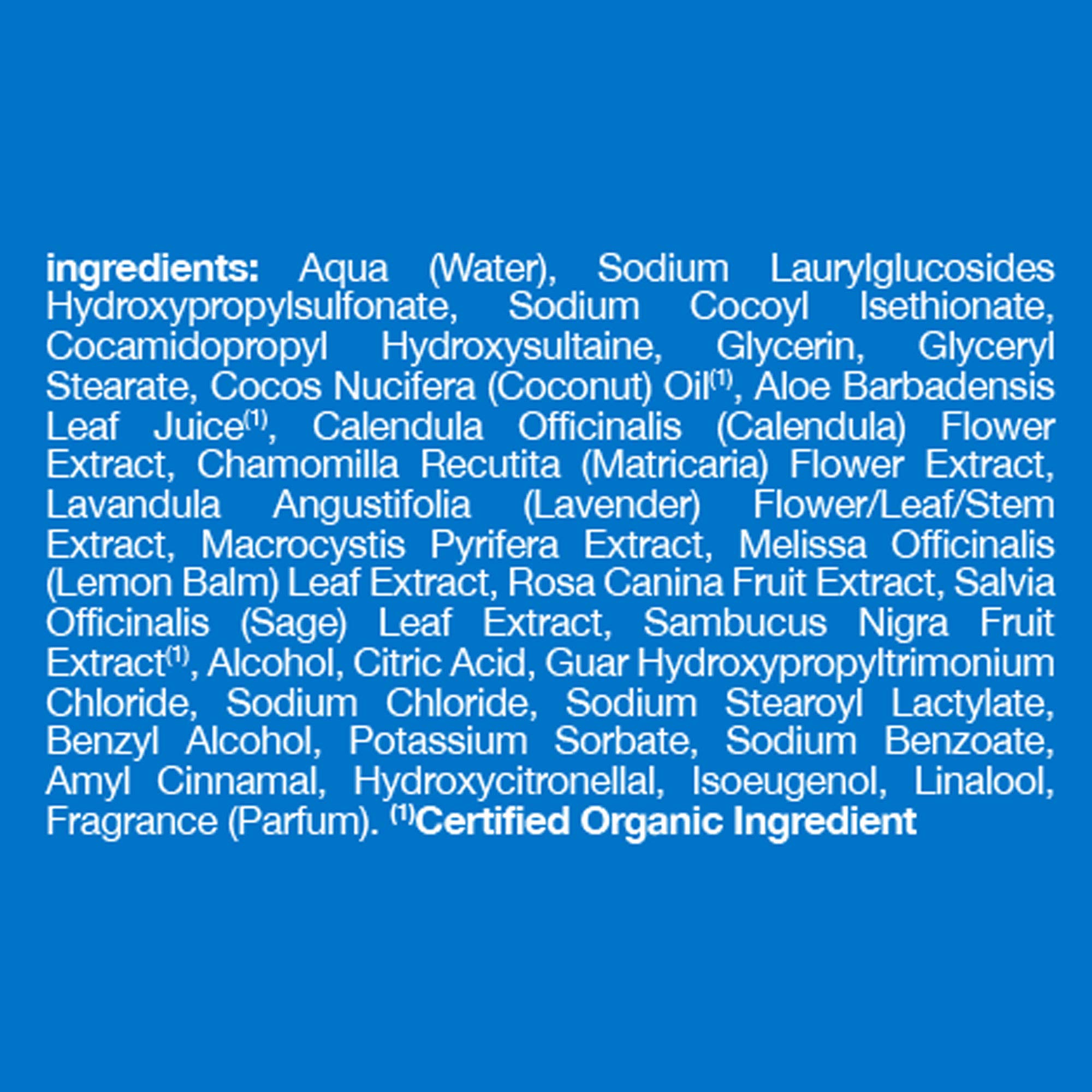 Alba Botanica botanical ingredients image highlights aloe, chamomile, lavender for soothing skin.