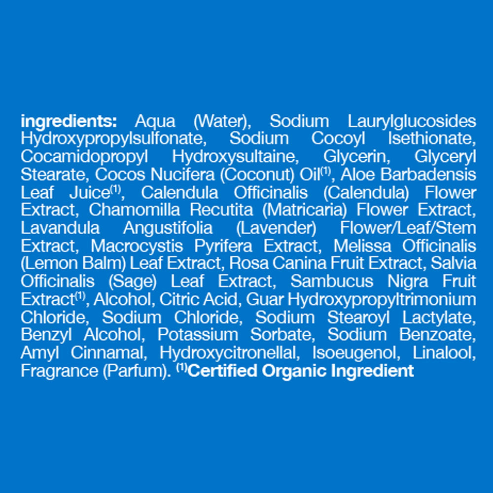 Alba Botanica botanical ingredients image highlights aloe, chamomile, lavender for soothing skin.