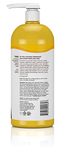 Alba Botanica coconut oil close-up emphasizing virgin unrefined oil for gentle cleansing.