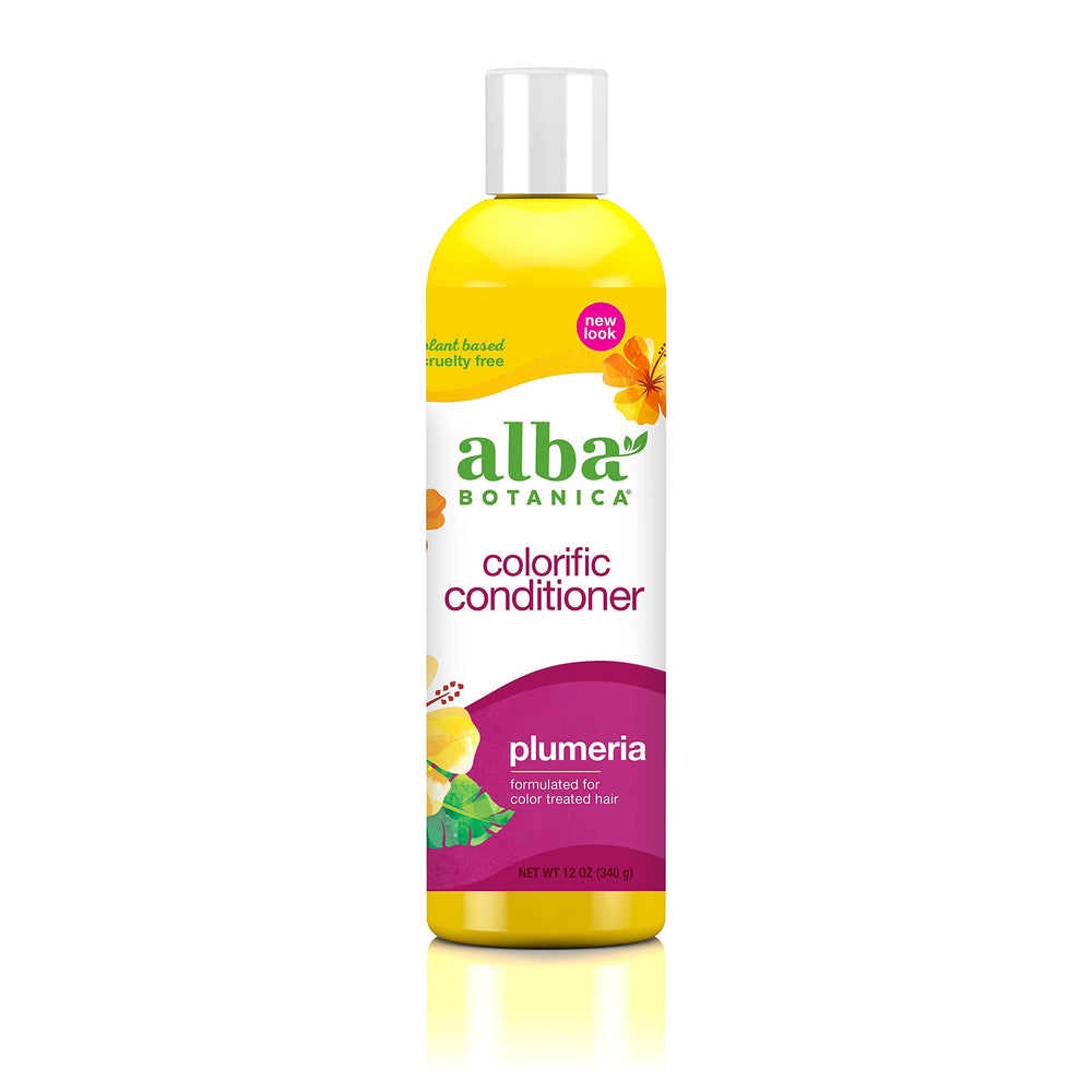 Alba Botanica Colorific Plumeria conditioner bottle highlights color protection and moisture