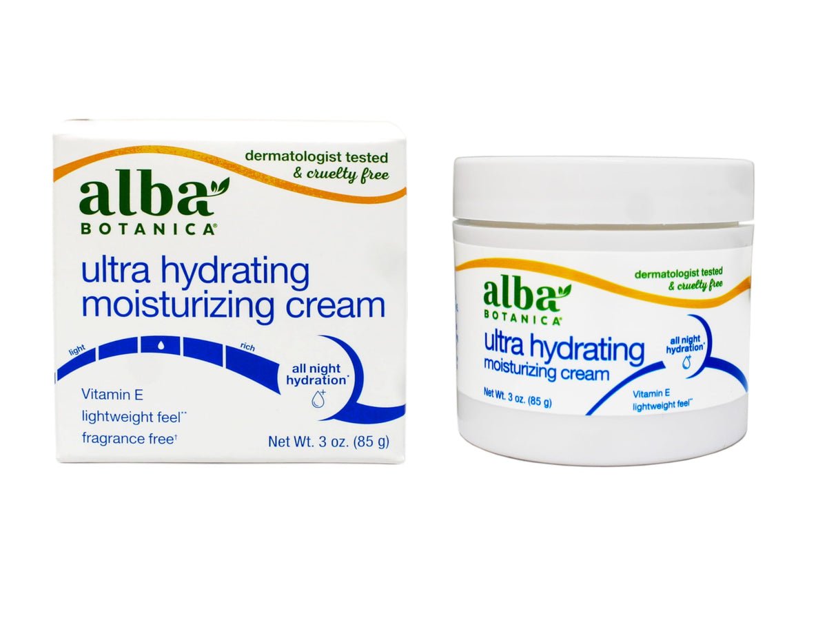 Alba Botanica Cream Moisture Jasmine Vitamin E bottle demonstrates lightweight hydration for all skin types.