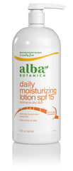 Alba Botanica Daily Moisturizing Lotion SPF 15 bottle highlighting hydration with shea butter