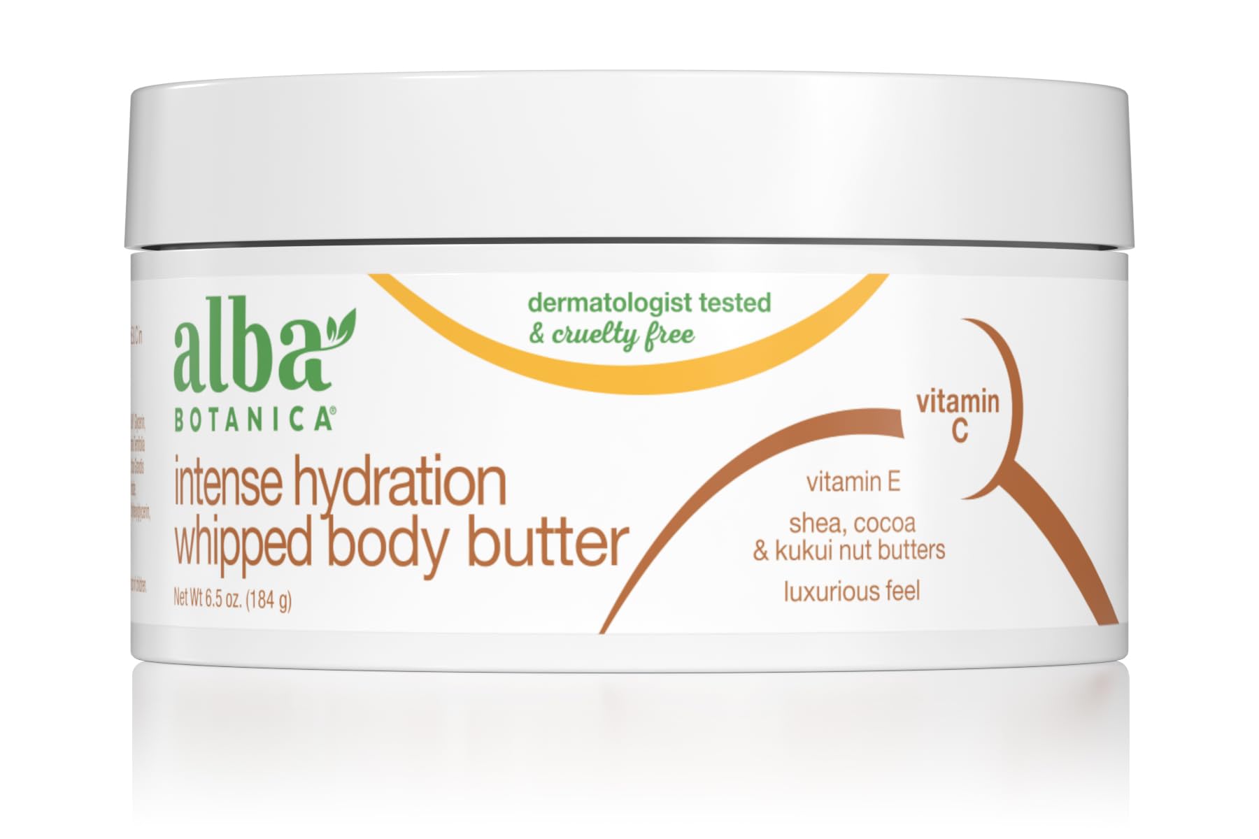 Alba Botanica Intense Hydration Whipped Body Butter jar showcases rich whipped texture for deep moisture