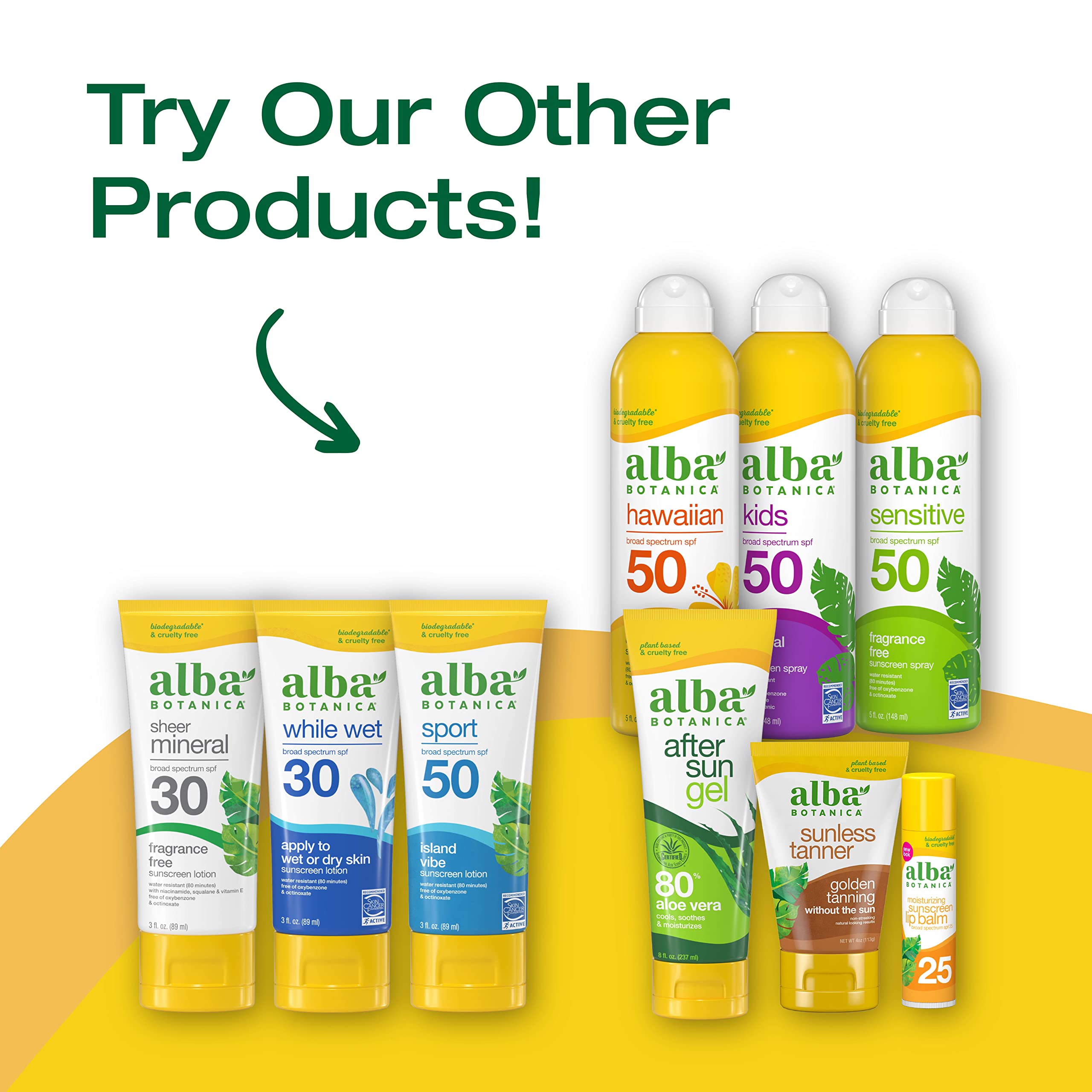 Alba Botanica sunscreen spray highlighting 80-minute water resistance