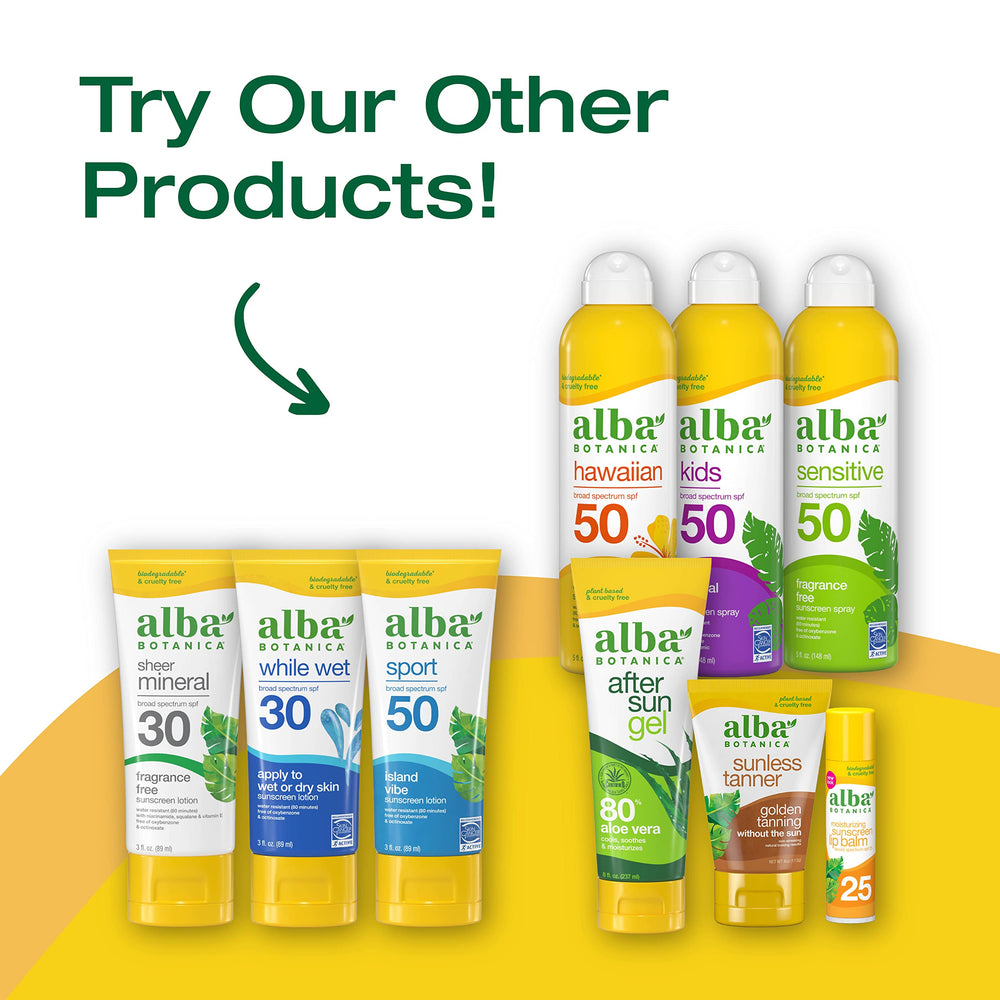 Alba Botanica sunscreen spray highlighting 80-minute water resistance
