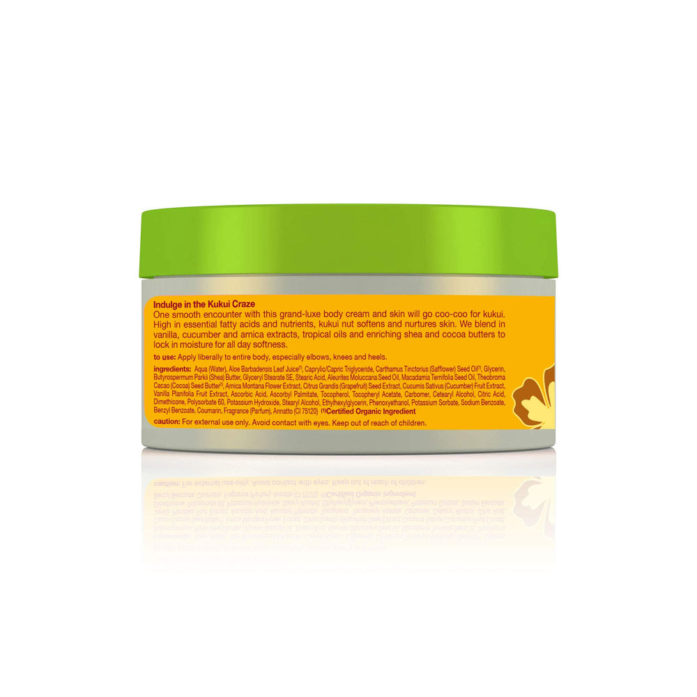 Alba Botanica Kukui Nut Body Cream texture swirl highlights rich yet non-greasy hydration