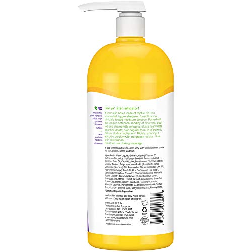 Alba Botanica Lotion Emollient Unscented ingredient panel highlights aloe vera and chamomile for gentle hydration.