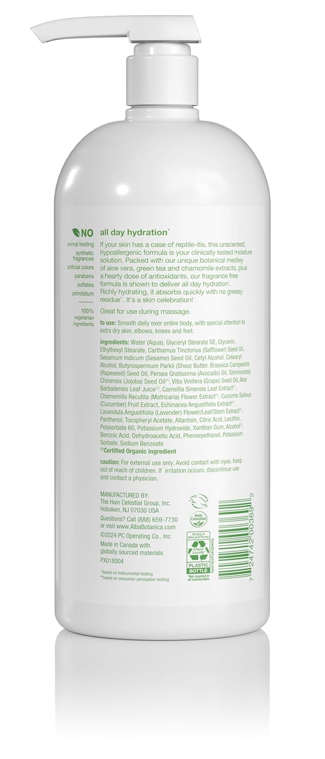 Alba Botanica Lotion Emollient Unscented no-greasy-residue close-up shows comfortable wear.
