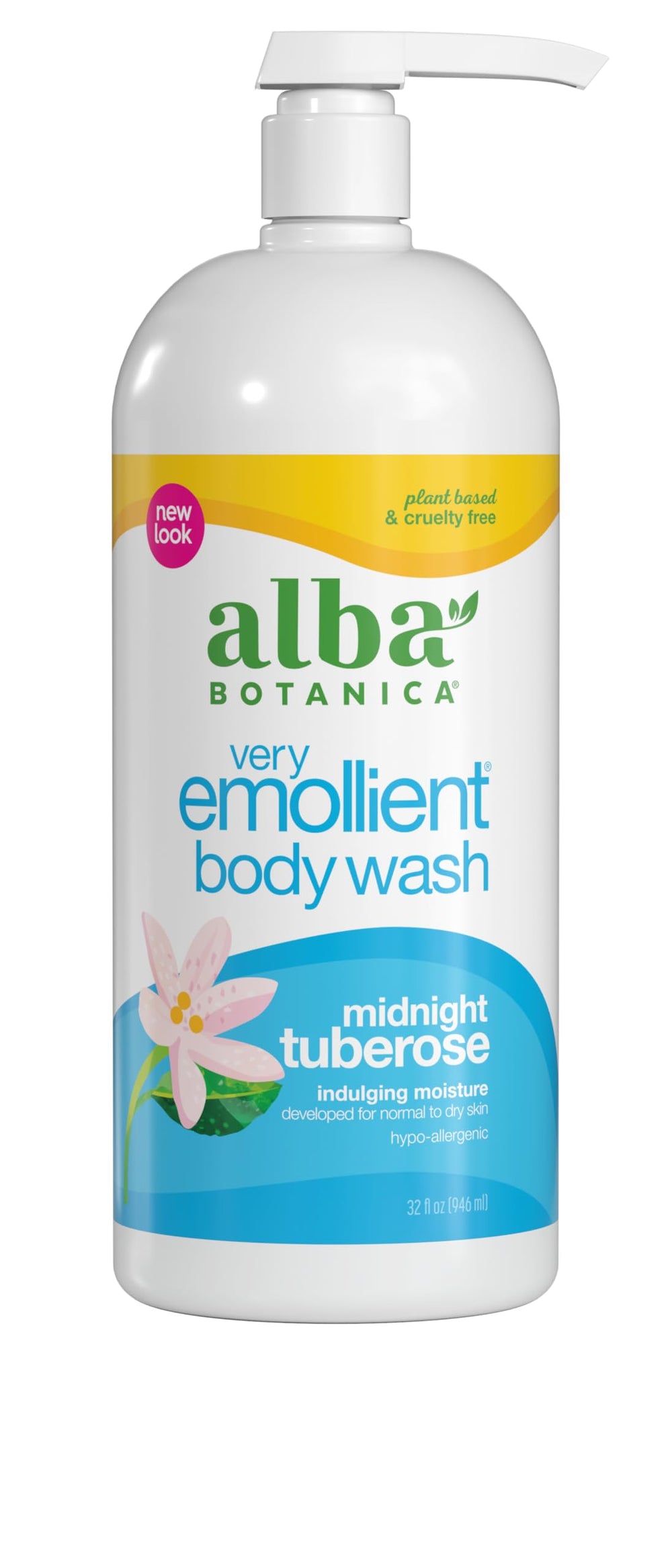 Alba Botanica Midnight Tuberose bottle shows hydrating body wash for dry skin.