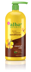 Alba Botanica More Moisture Coconut Milk conditioner bottle provides hydrating hair care.