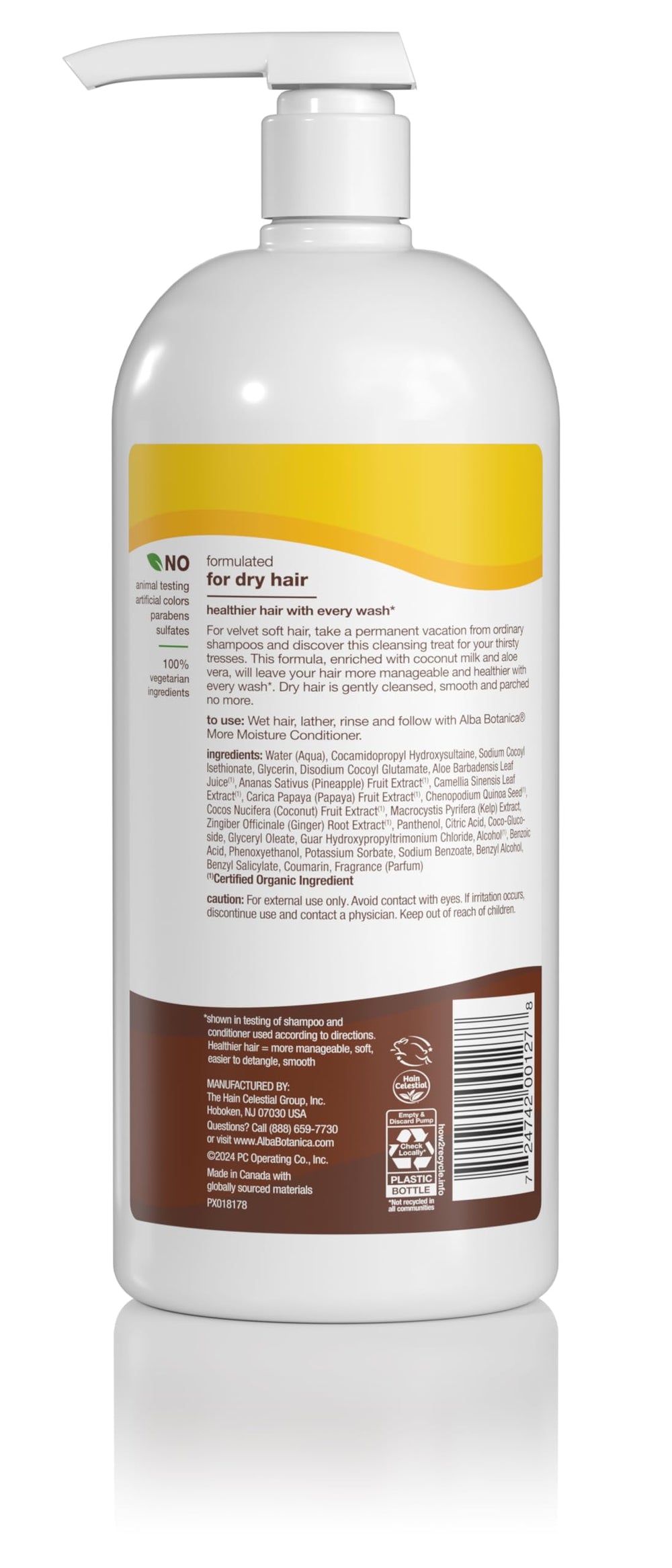 Alba Botanica More Moisture Shampoo ingredients panel highlights vegan, sulfate-free formula for sensitive scalps.