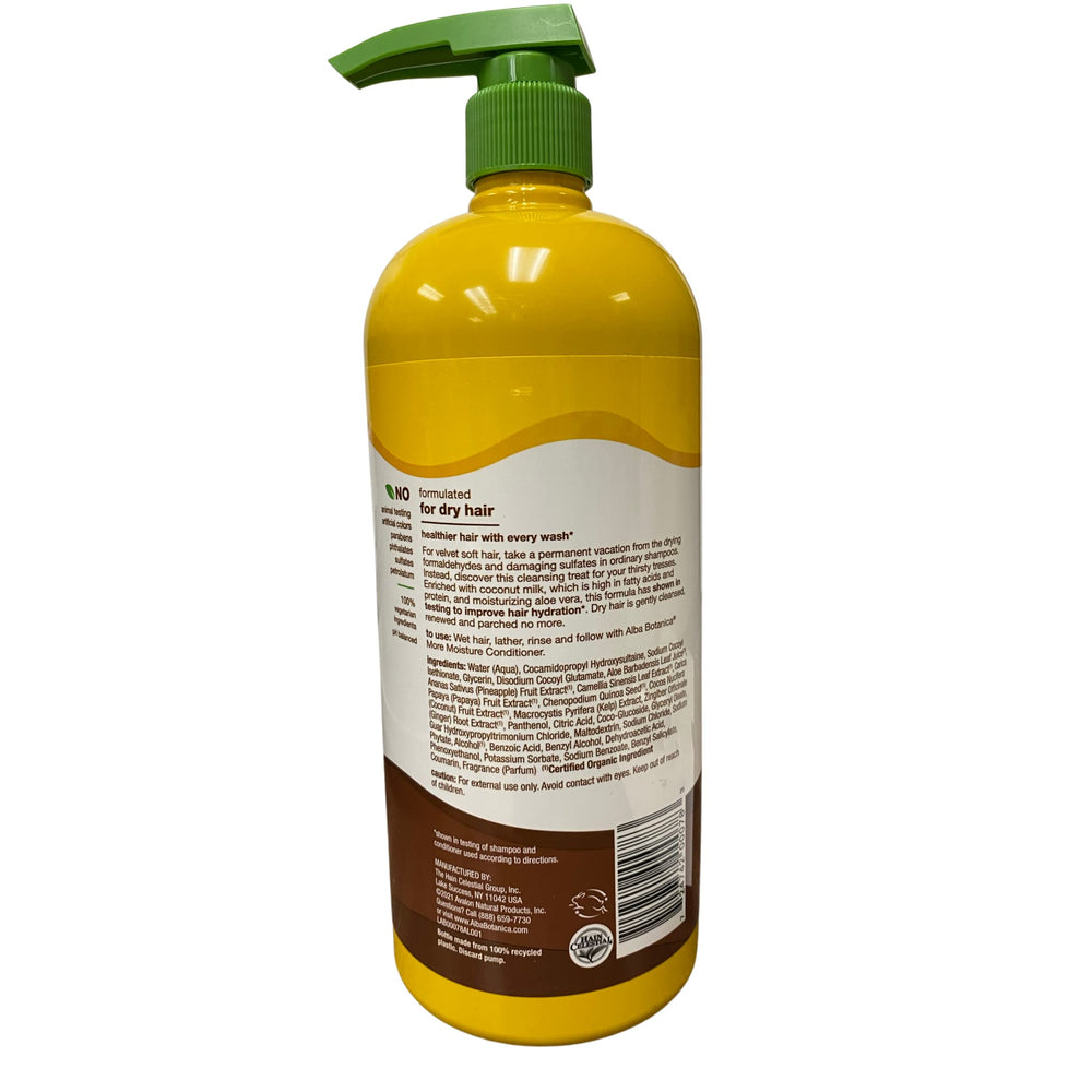 Alba Botanica More Moisture Shampoo coconut milk lather highlights creamy hydration.