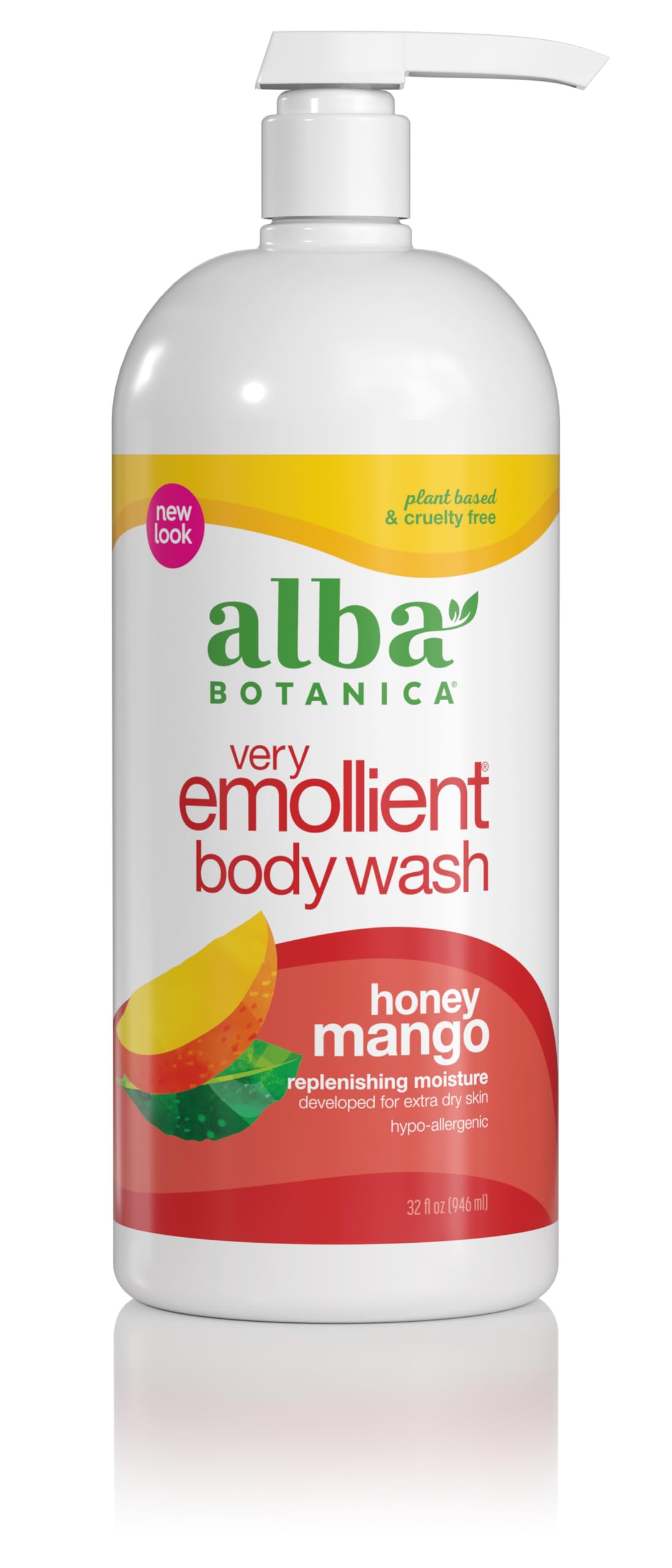 Alba Botanica Very Emollient Honey Mango Body Wash bottle demonstrates hydrating cleanse for dry skin.