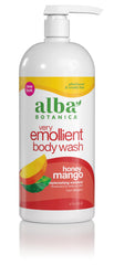Alba Botanica Very Emollient Honey Mango Body Wash bottle demonstrates hydrating cleanse for dry skin.