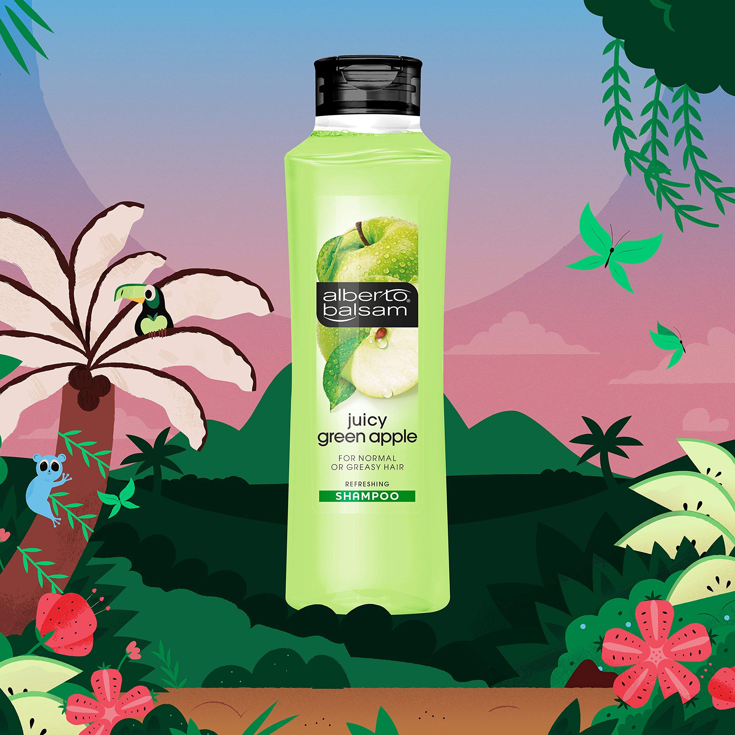 Alberto Balsam Juicy Green Apple shampoo apple-fragrance closeup communicates fruity essence for daily refresh.