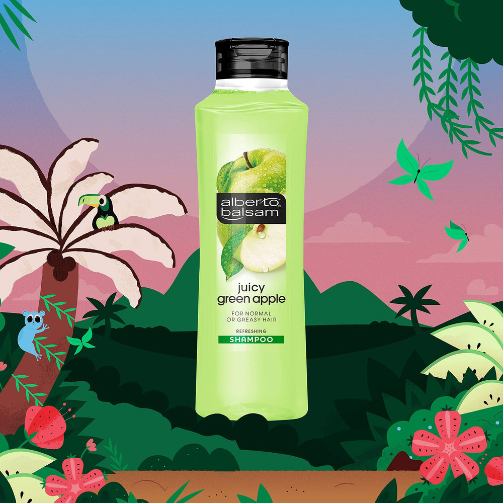 Alberto Balsam Juicy Green Apple shampoo apple-fragrance closeup communicates fruity essence for daily refresh.