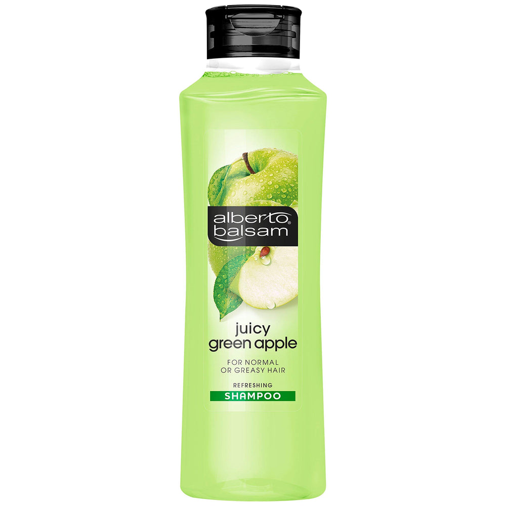 Alberto Balsam Juicy Green Apple shampoo bottle front shows refreshing scent and clean feel.