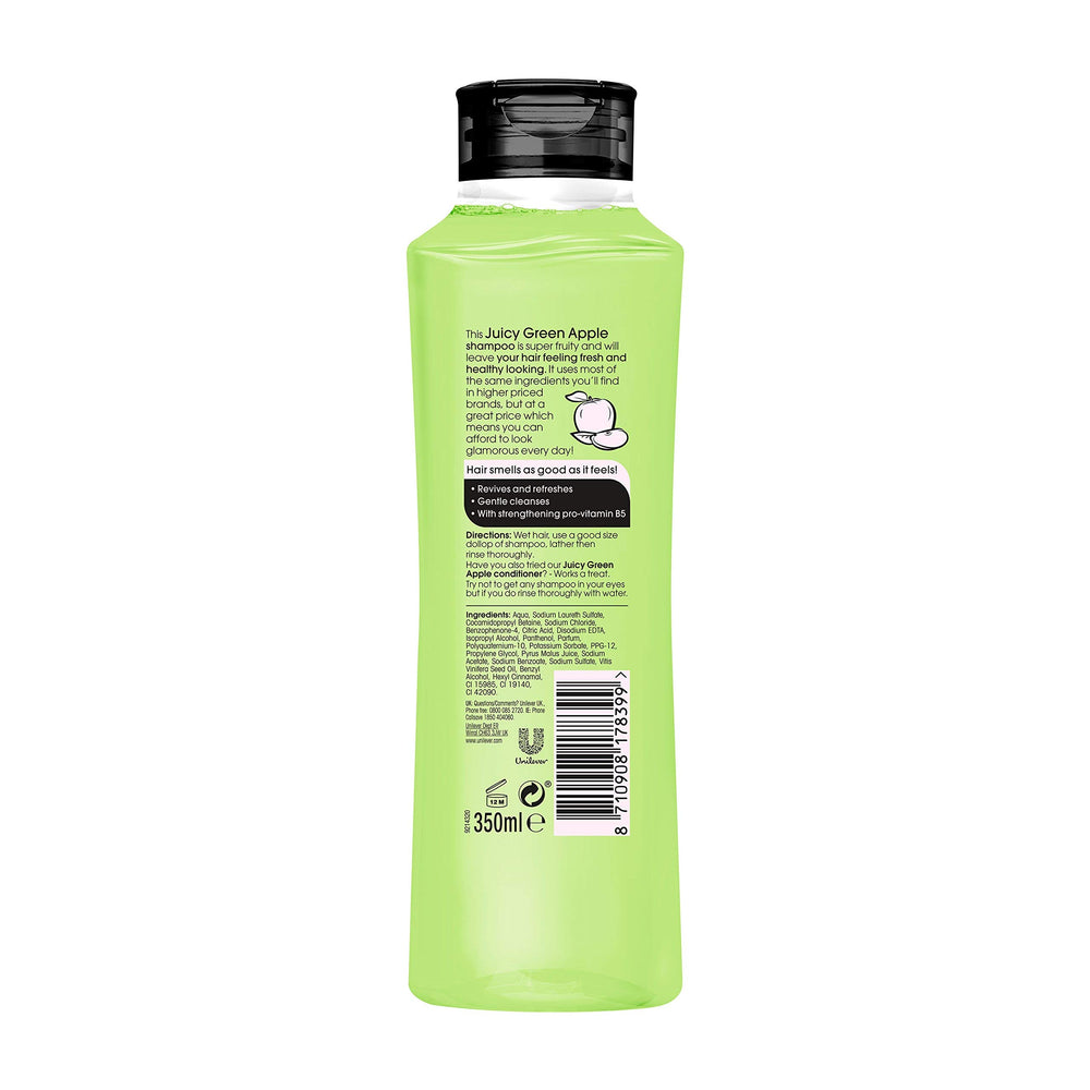 Alberto Balsam Juicy Green Apple shampoo bottle side highlights easy rinse and light fragrance.
