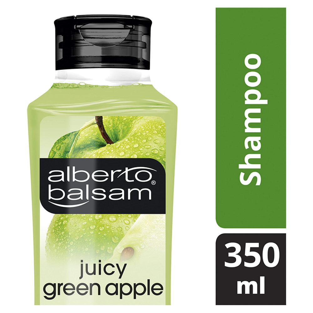 Alberto Balsam Juicy Green Apple shampoo label-closeup emphasizes Pro-Vitamin B5 for strengthened hair.