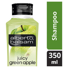 Alberto Balsam Juicy Green Apple shampoo label-closeup emphasizes Pro-Vitamin B5 for strengthened hair.